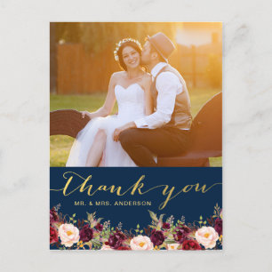 Carte Postale Bourgogne Floral Navy Gold Photo Mariage Merci