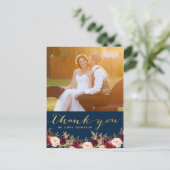 Carte Postale Bourgogne Floral Navy Gold Photo Mariage Merci (Debout devant)