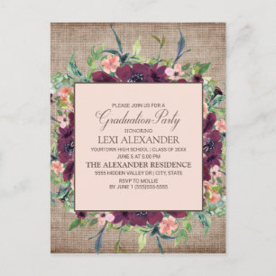 Carte Postale Bourgogne Rustique Rose Floral Burlap Graduation