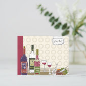 Carte Postale Bouteilles de vin avec lunettes de vin sur table (Debout devant)