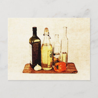 Carte Postale Bouteilles d'huile d'olives evoo et légume