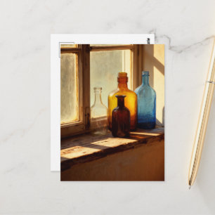 Carte Postale Bouteilles Vintage sur le rebord de la fenêtre