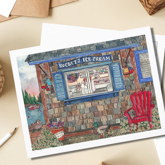 Carte Postale Boutique de crème glacée côtière aquarelle