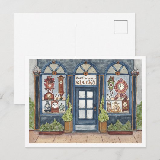 Carte Postale Boutique de l'Horloge Vintage du Nouvel An à l'aqu (Devant / Derrière)