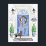 Carte Postale Bouvier des Flandres Moving Faire-part<br><div class="desc">Annoncez votre nouvelle adresse avec notre faire-part élégante avec un Bouvier des Flandres,  une porte d'entrée bleue,  un tapis de bienvenue,  une ardoise,  des topiaires et une couronne fleurie posée sur un arrière - plan en brique grise.</div>