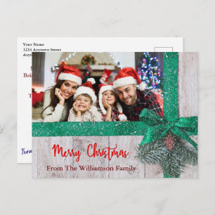 Carte Postale Bow à ruban vert neige sur bois Photo Noël