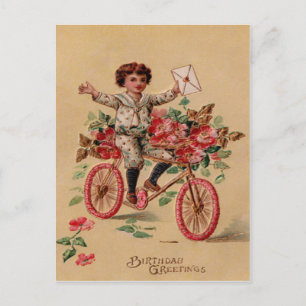 Carte Postale Boy Mail Pink Flower Bicycle Anniversaire