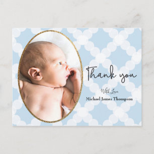 Carte Postale Boy Photo Baby shower bleu Merci