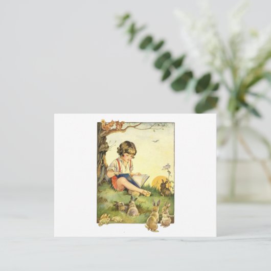 Carte Postale Boy reading under tree with rabbits (Debout devant)