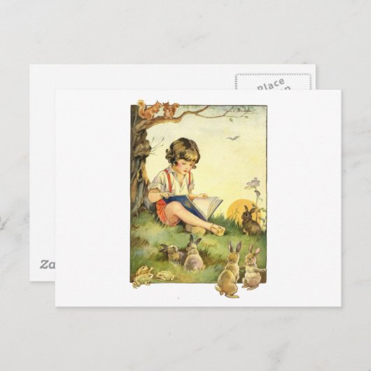 Carte Postale Boy reading under tree with rabbits (Devant / Derrière)