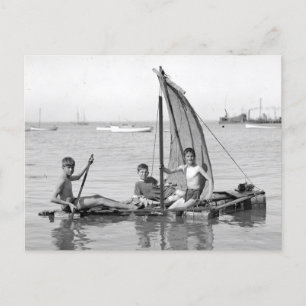 Carte Postale Boys on a makeshift raft. Vintage photograph