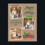 Carte Postale Bracelet Script artisanal Bande Rouge Camion Kraft<br><div class="desc">Brosse moderne Script Happy Holidays 3 Photo Collage Carte postale de vacances comprend Bande d'artisanat et aquarelle Camion rouge Vintage avec sapin de Noël. Papier Rustique Kraft.</div>