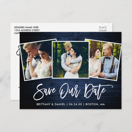 Carte Postale Bracelet Script Bleu Bois Économisez Notre Date 3  (Devant / Derrière)