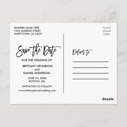 Carte Postale Bracelet Script Bleu Bois Économisez Notre Date 3 (Dos)