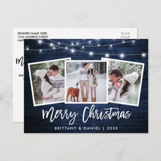 Carte Postale Bracelet Script Bleu Bois Lumières 3 Photo Noël (Devant / Derrière)