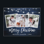 Carte Postale Bracelet Script Bleu Bois Lumières 3 Photo Noël<br><div class="desc">Brosse en bois bleu rustique Script 3 Photo Joyeux carte de Noël avec lumières à cordes</div>