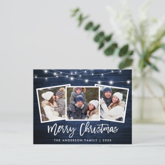 Carte Postale Bracelet Script Bleu Bois Lumières 3 Photo Noël (Debout devant)