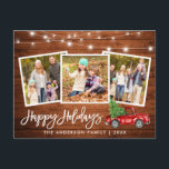Carte Postale Bracelet Script Bois Lumières Camion 3 Photo Holid<br><div class="desc">Brosse rustique en bois Script 3 Photo Famille Joyeux Vacances Carte avec lumières à cordes - Aquarelle Camion rouge Vintage avec arbre de Noël</div>