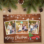 Carte Postale Bracelet Script Bois Lumières Camion 3 Photo Noël<br><div class="desc">Brosse Rustique en bois Script 3 Photo Famille Joyeux Noël Carte avec lumières à cordes - Aquarelle Camion rouge Vintage avec arbre de Noël</div>