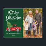 Carte Postale Bracelet Script Camion Vintage Photo Christmas Gre<br><div class="desc">Script de brosse moderne Aquarelle Vintage Camion rouge avec arbre de Noël - Joyeux Noël Famille Photo Carte postale verte</div>