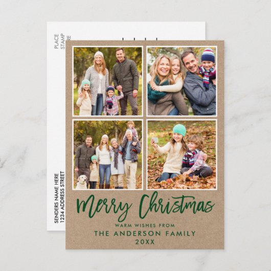 Carte Postale Bracelet Script Kraft Famille 4 Photo Noël Vert (Devant / Derrière)