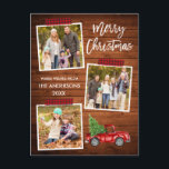 Carte Postale Bracelet Script Plaid Batterie Camion en bois Noël<br><div class="desc">Brosse moderne Script Joyeux Noël 3 Photo Collage Carte postale de vacances comprend bande d'artisanat rouge et aquarelle Camion rouge Vintage avec arbre de Noël. Bois rustique.</div>