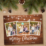 Carte Postale Bracelet Script Rustic Wood Lights 3 Photo Noël<br><div class="desc">Brosse Rustique en bois Script 3 Photo Famille Joyeux Noël Carte avec lumières à cordes</div>