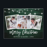Carte Postale Bracelet Script Vert Lumières bois 3 Photo Noël<br><div class="desc">Brosse Rustique en bois vert Script 3 Photo Joyeux Noël Carte avec lumières à cordes</div>