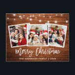 Carte Postale Bracelet Script Wood Lights 3 Photo Christmas Star<br><div class="desc">Brosse Rustique en bois Script 3 Photo Famille Joyeux Noël Carte avec lumières à cordes</div>