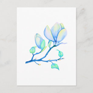 Carte Postale Branche de Magnolia Aquarelle Bleu Vert Botanique
