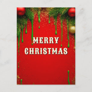 Carte Postale Branches de sapin de Noël rouge et ornement doré
