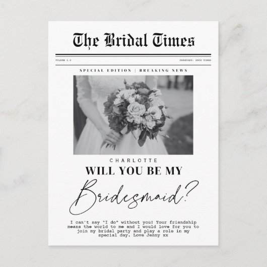 Carte Postale Bridesmaid demande, journal personnalisable (Devant)