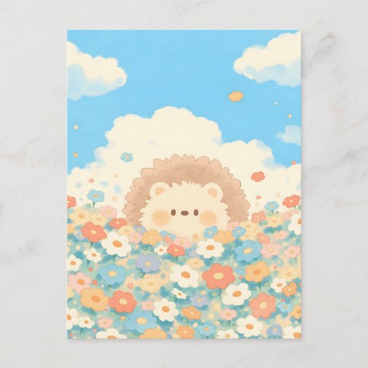 Carte Postale Bright Sky Blue Kawaii Hedgehog Meadow (Devant)