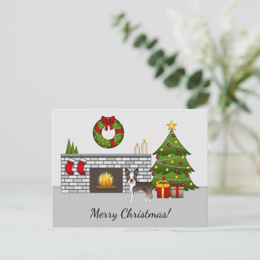 Carte Postale Brindle Boston Terrier Dans Une Salle De Noël Fest (Debout devant)