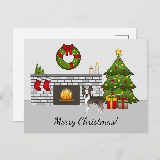 Carte Postale Brindle Boston Terrier Dans Une Salle De Noël Fest (Devant / Derrière)