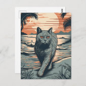 Carte Postale British Shorthair cat sur une plage tropicale (Devant / Derrière)