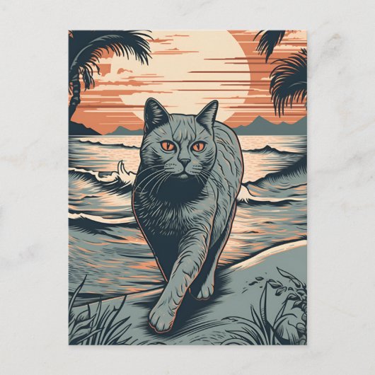 Carte Postale British Shorthair cat sur une plage tropicale (Devant)