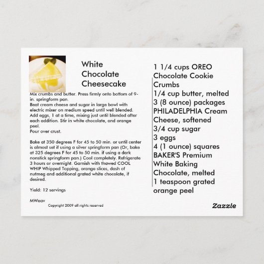 Carte Postale Broaking Bread Recette Card Collection Cheesecake (Dos)