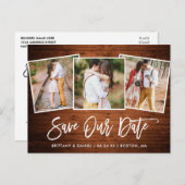 Carte Postale Brochure moderne Script Bois Économisez Notre Date (Devant / Derrière)