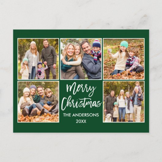 Carte Postale Brochure Script Noël Famille 5 Photo Vert (Devant)