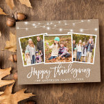 Carte Postale Brossage de script Kraft Lights 3 Photo Thanksgivi<br><div class="desc">Rustique Brossage de script 3 Photo Famille Kraft Joyeux Thanksgiving Carte avec Guirlandes Lumineuses</div>