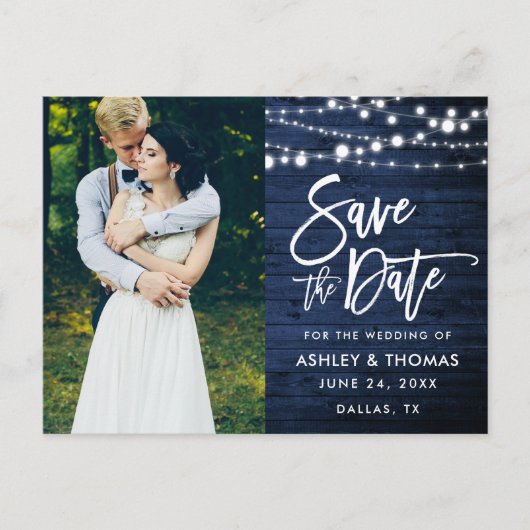 Carte Postale Brosse en bois bleu rustique Script Enregistrer la (Devant)