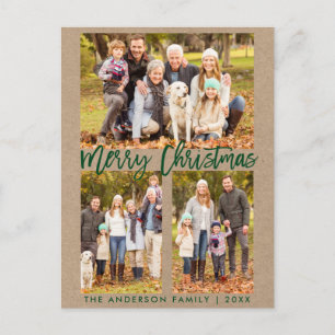 Carte Postale Brosse Kraft Script Famille 3 Photo Joyeux Noël
