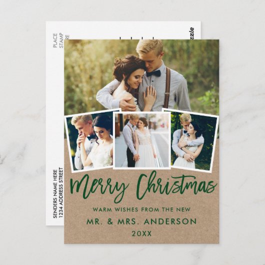 Carte Postale Brosse Kraft Script Mariage Noël 4 Photo (Devant / Derrière)