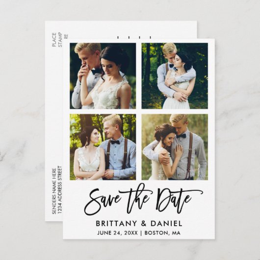 Carte Postale Brosse Moderne Script 4 Photo Enregistrer La Date (Devant / Derrière)