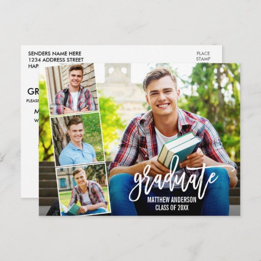 Carte Postale Brosse moderne Script 4 Photo Graduation Party (Devant / Derrière)