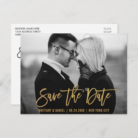 Carte Postale Brosse moderne Script Or Enregistrer la photo de d (Devant / Derrière)