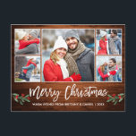 Carte Postale Brosse moderne Script Wood 5 Photo Joyeux Noël<br><div class="desc">Brosse moderne Script 5 Photo Couple Photo Collage Joyeux Noël Carte postale inclut Aquarelle Noël Fruits de Noël - Bois rustique</div>