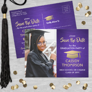 Carte Postale Brossé Purple Graduation Photo Enregistrer la date