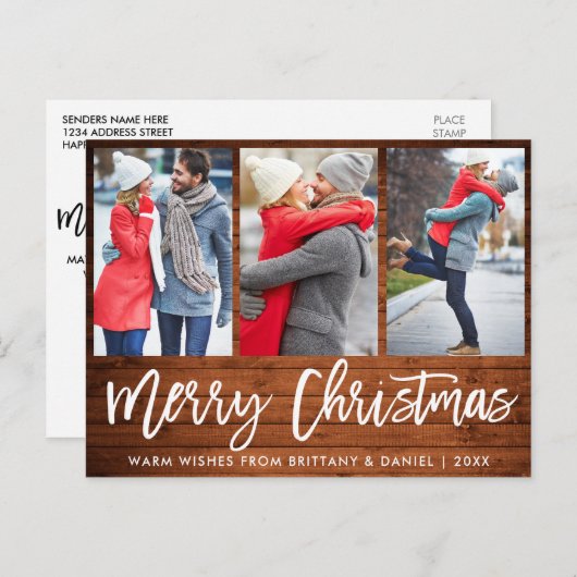 Carte Postale Brosse Rustique en bois Script 3 Photo Couple Chri (Devant / Derrière)